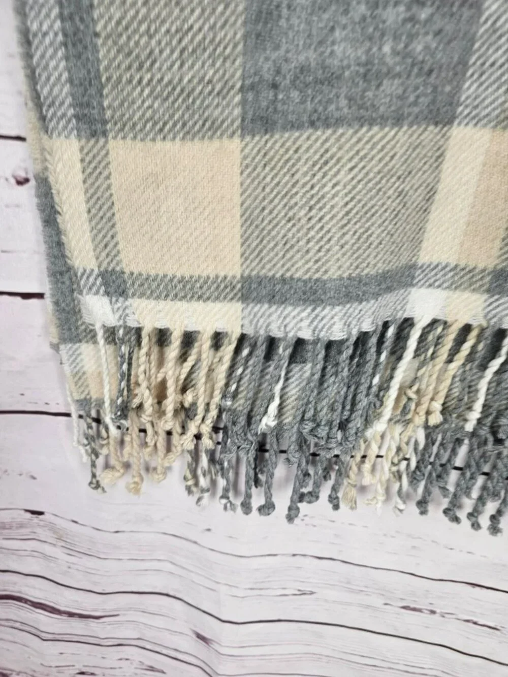 Abercrombie & Fitch Gray & Cream Plaid Fringe Wrap Shawl Scarf